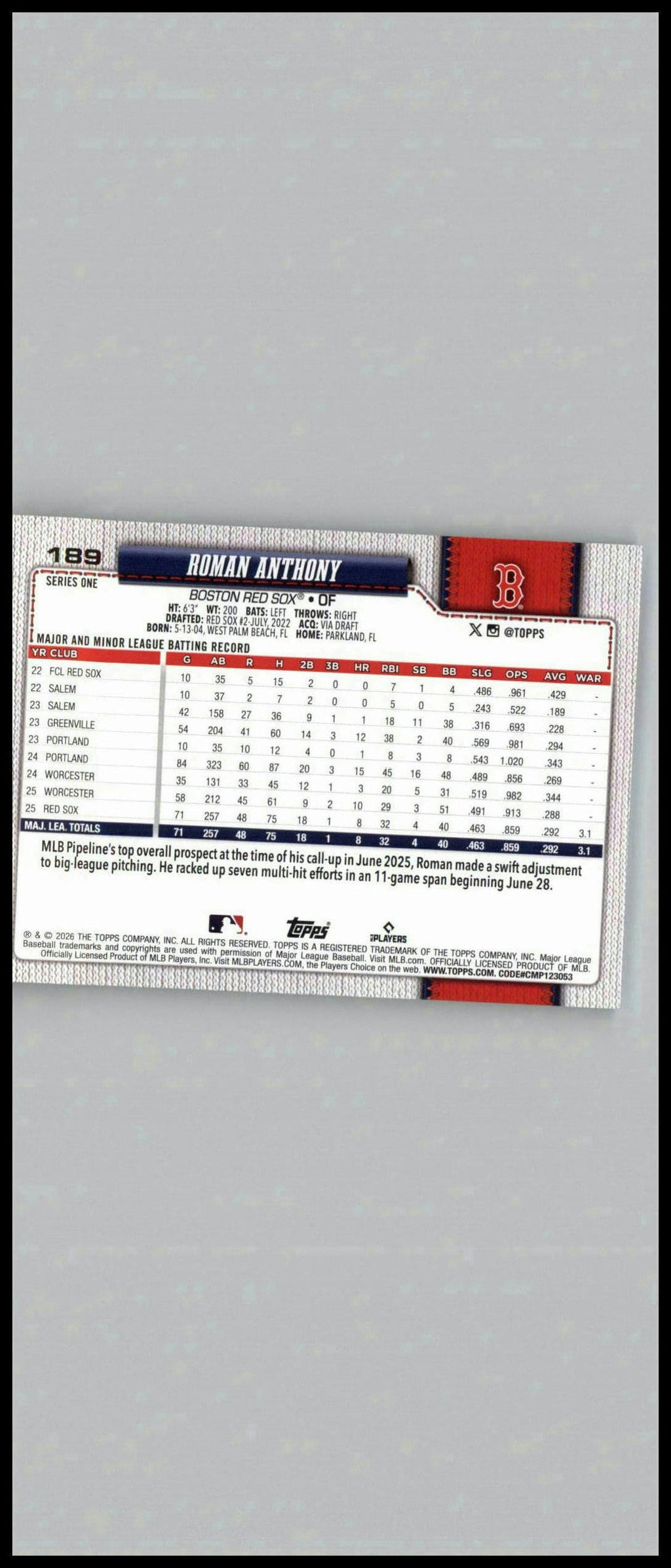 2026 Topps #189 Roman Anthony