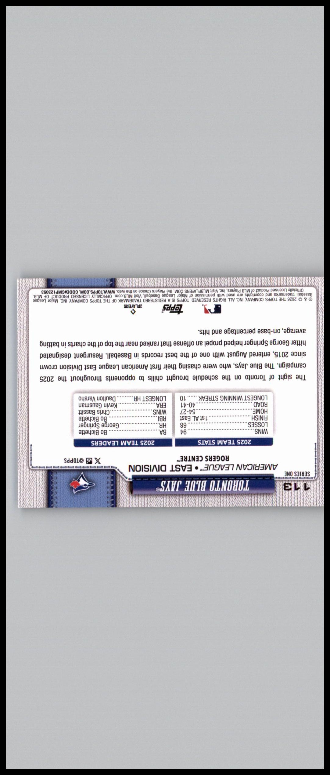 2026 Topps #113 Toronto Blue Jays Silver Crackleboard Foil Board