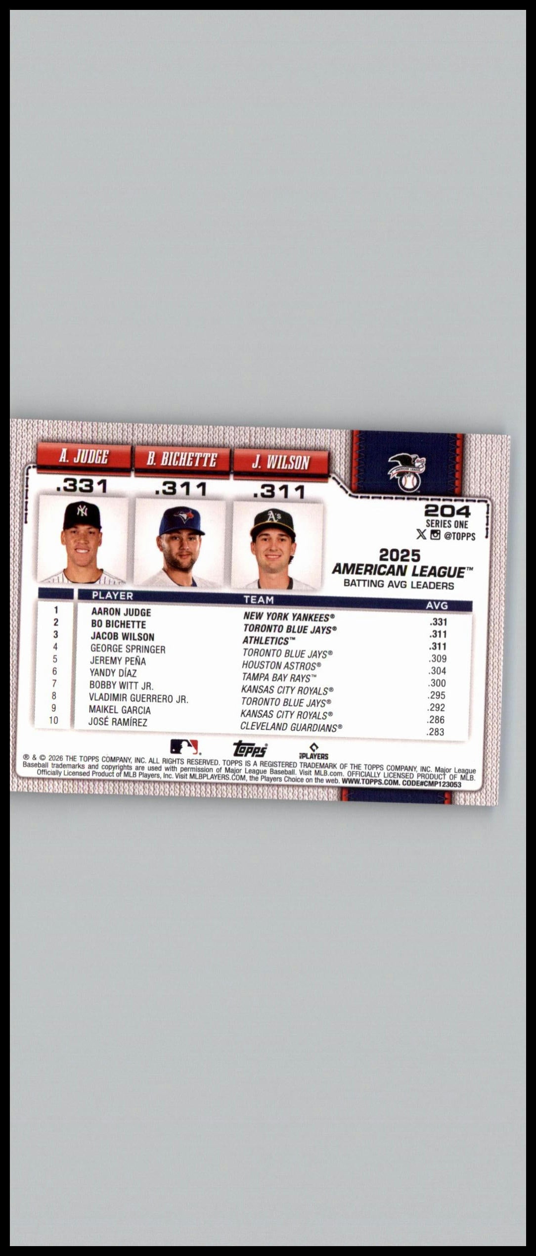 2026 Topps #204 American League Avg Leaders Diamante Foil