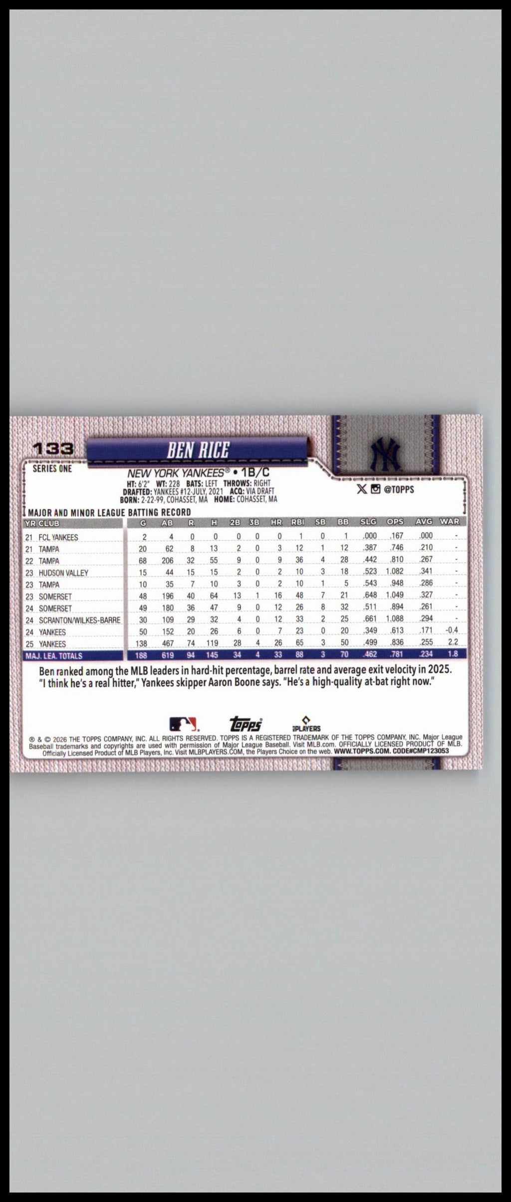 2026 Topps #133 Ben Rice Diamante Foil