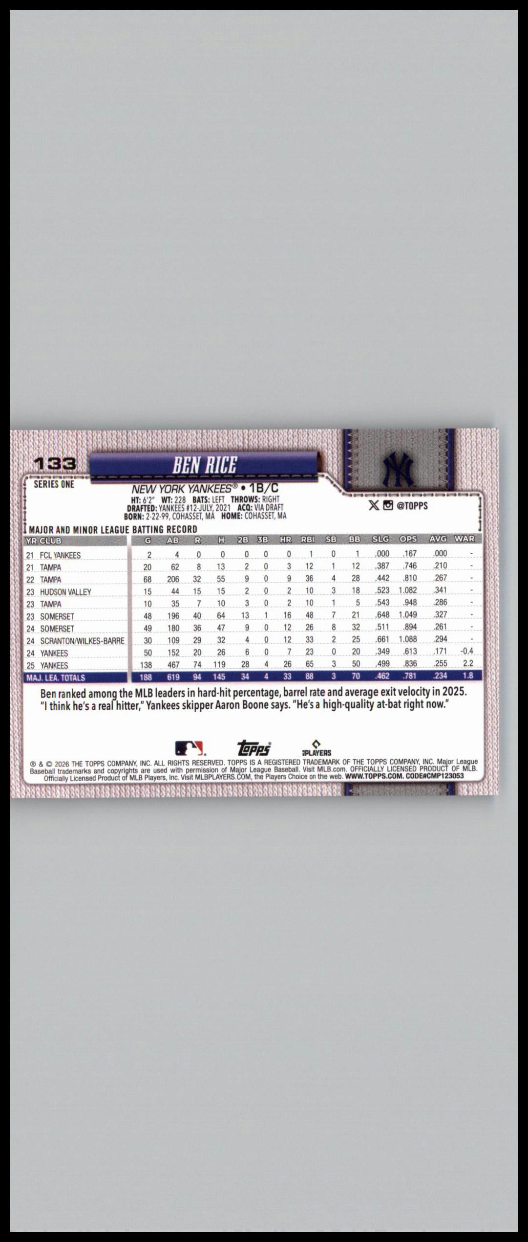 2026 Topps #133 Ben Rice Diamante Foil